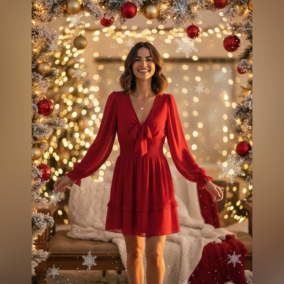 DOKOTOO MINI Red V Neck Front Long Tie Lantern Sleeve Ruffle Dress Size M - Picture 15 of 16